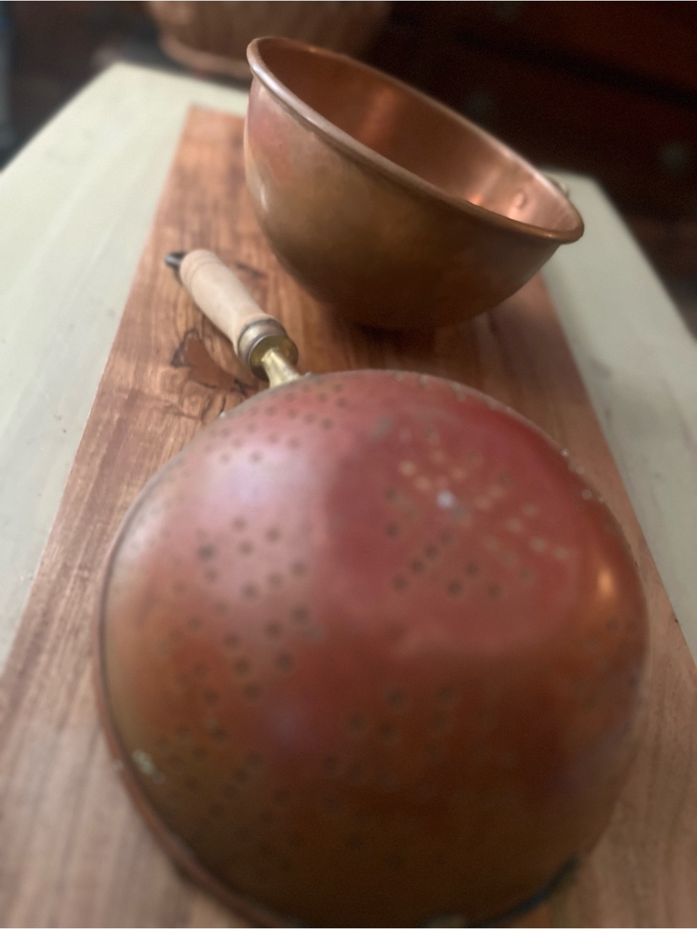 Vintage Copper-Tone Skimmer and Mixing Bowl Set with Wooden Handle